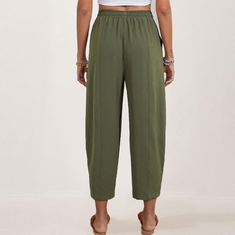Casual Plain Loose Drawstring Women's Polyester 7/8 Length Pants With Pockets