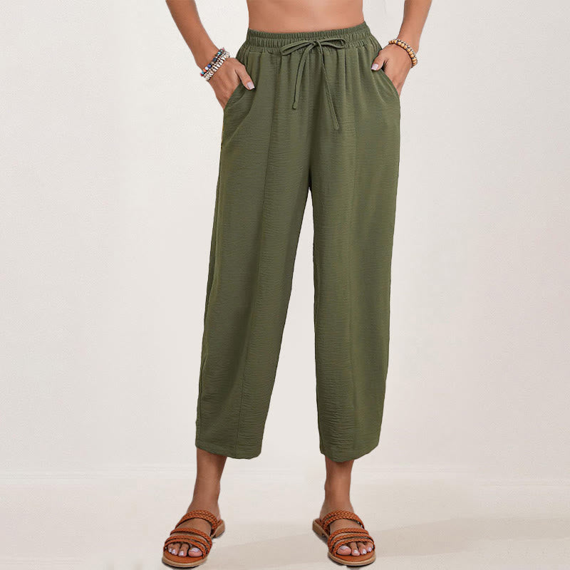 Casual Plain Loose Drawstring Women's Polyester 7/8 Length Pants With Pockets
