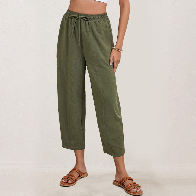 Casual Plain Loose Drawstring Women's Polyester 7/8 Length Pants With Pockets