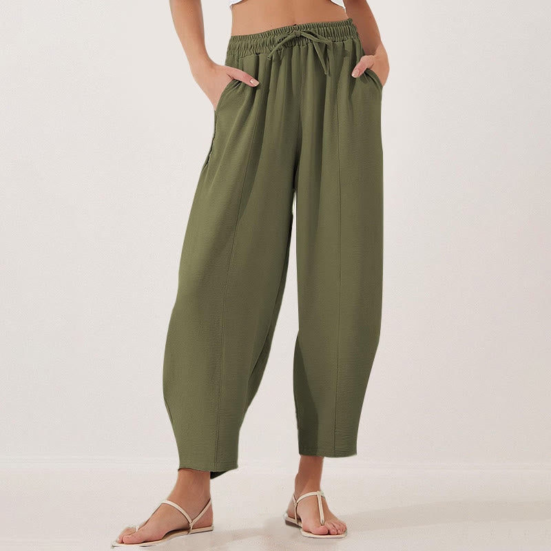 Casual Plain Loose Drawstring Women's Polyester 7/8 Length Pants With Pockets