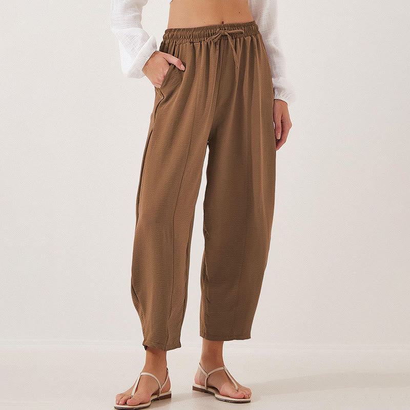 Casual Plain Loose Drawstring Women's Polyester 7/8 Length Pants With Pockets