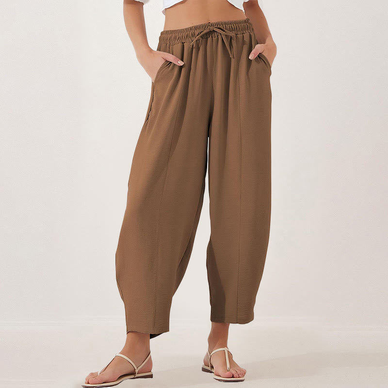 Casual Plain Loose Drawstring Women's Polyester 7/8 Length Pants With Pockets