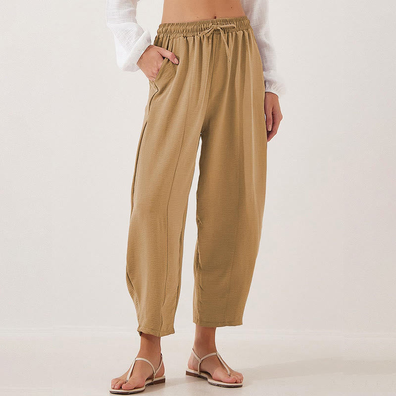 Casual Plain Loose Drawstring Women's Polyester 7/8 Length Pants With Pockets