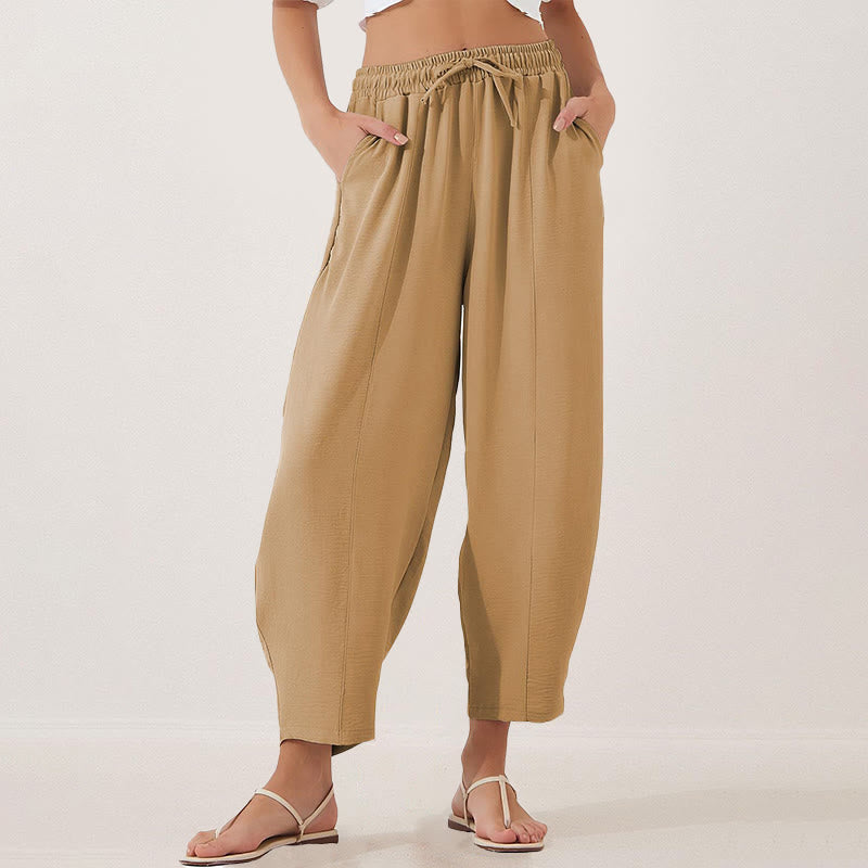 Casual Plain Loose Drawstring Women's Polyester 7/8 Length Pants With Pockets