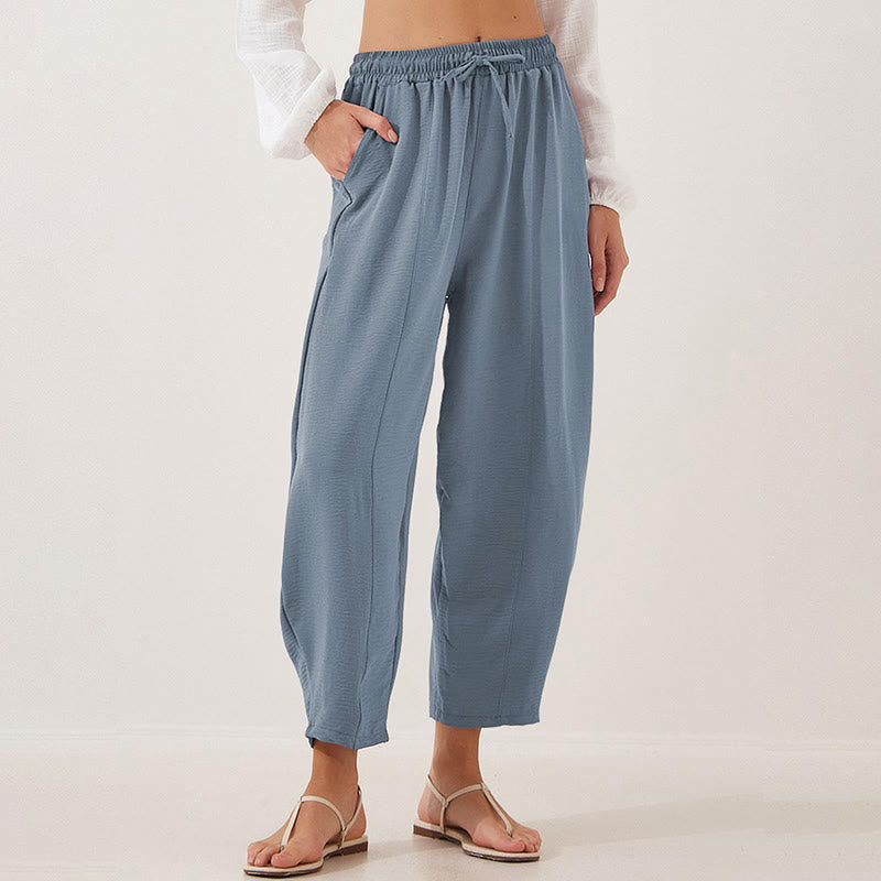 Casual Plain Loose Drawstring Women's Polyester 7/8 Length Pants With Pockets