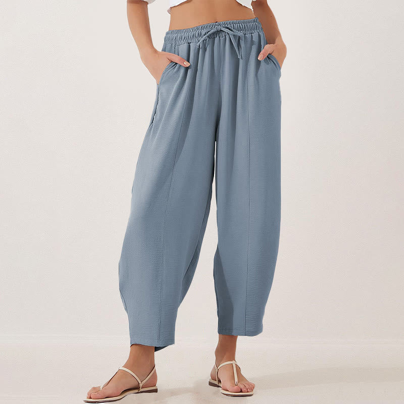 Casual Plain Loose Drawstring Women's Polyester 7/8 Length Pants With Pockets