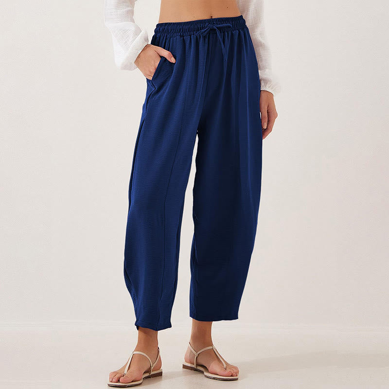 Casual Plain Loose Drawstring Women's Polyester 7/8 Length Pants With Pockets