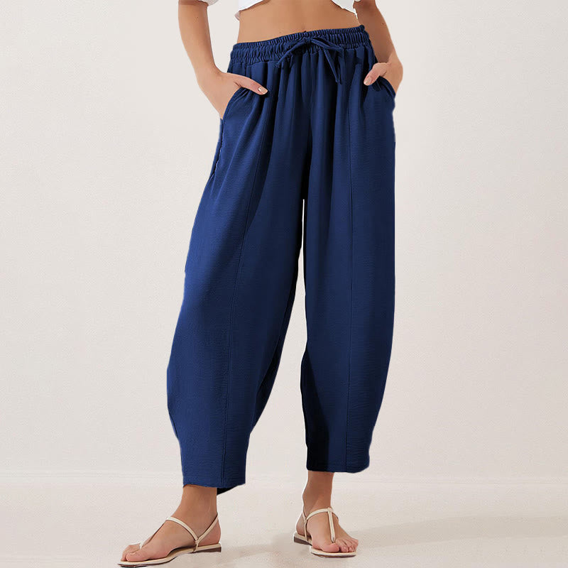 Casual Plain Loose Drawstring Women's Polyester 7/8 Length Pants With Pockets