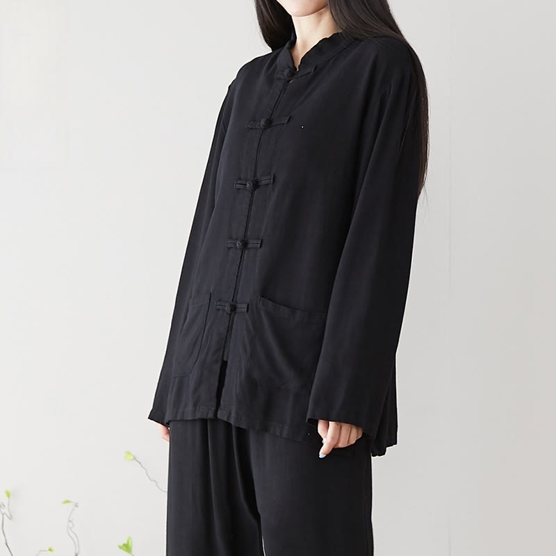 Solid Color Frog-button Long Sleeve Cotton Linen Women's Shirts With Pockets