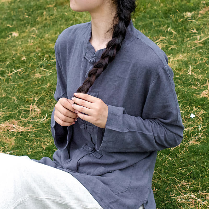 Solid Color Frog-button Long Sleeve Cotton Linen Women's Shirts With Pockets