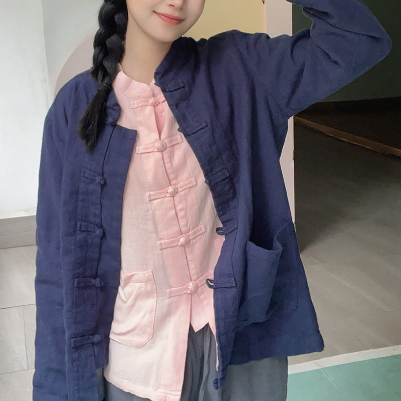 Solid Color Frog-button Long Sleeve Cotton Linen Women's Shirts With Pockets