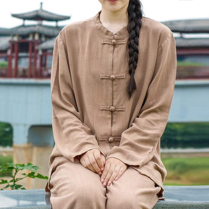 Solid Color Frog-button Long Sleeve Cotton Linen Women's Shirts With Pockets
