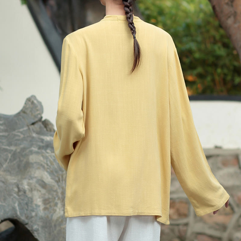 Solid Color Frog-button Long Sleeve Cotton Linen Women's Shirts With Pockets