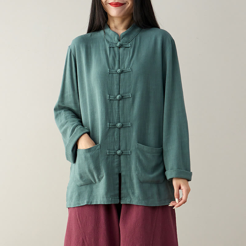 Solid Color Frog-button Long Sleeve Cotton Linen Women's Shirts With Pockets