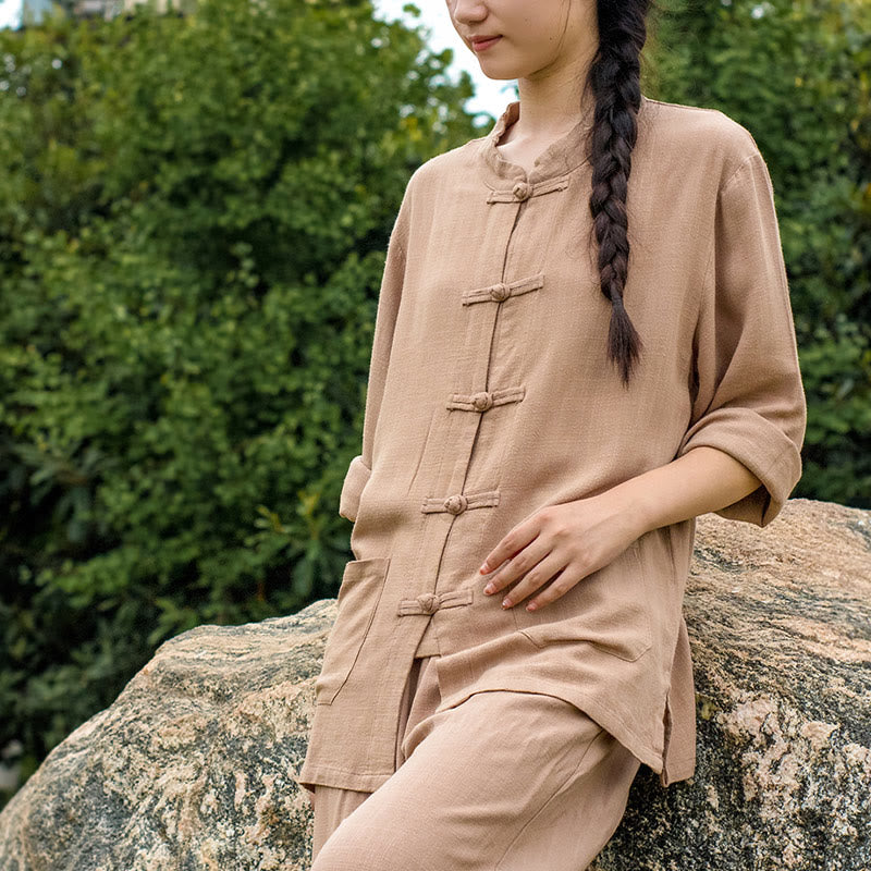 Solid Color Frog-button Long Sleeve Cotton Linen Women's Shirts With Pockets