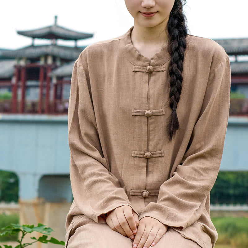 Solid Color Frog-button Long Sleeve Cotton Linen Women's Shirts With Pockets
