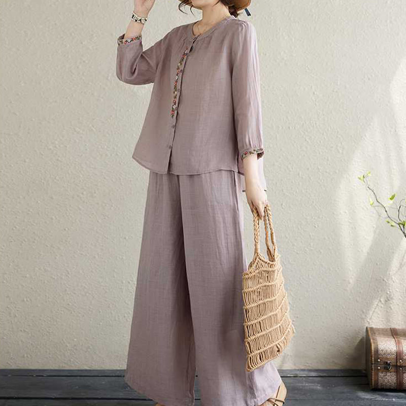 2Pcs Cotton Embroidery Flowers Shirt Top Pants Meditation Zen Tai Chi Clothing Women's Set