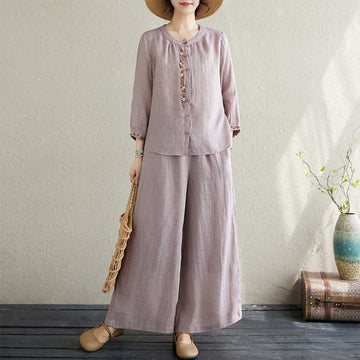 2Pcs Cotton Embroidery Flowers Shirt Top Pants Meditation Zen Tai Chi Clothing Women's Set