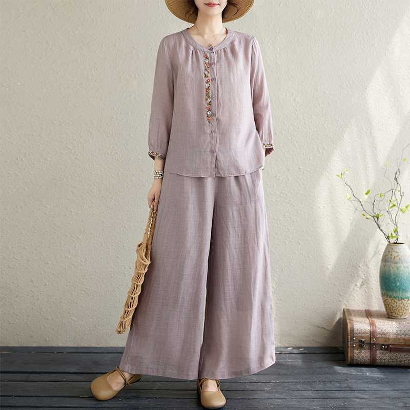 2Pcs Cotton Embroidery Flowers Shirt Top Pants Meditation Zen Tai Chi Clothing Women's Set