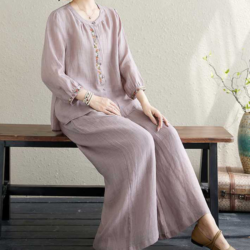 2Pcs Cotton Embroidery Flowers Shirt Top Pants Meditation Zen Tai Chi Clothing Women's Set