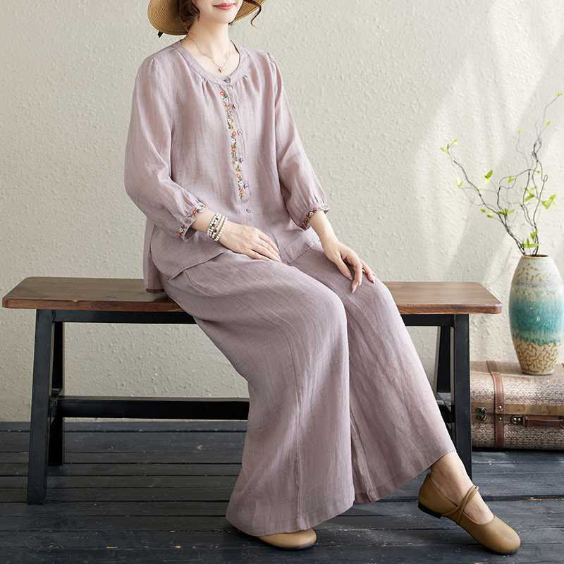 2Pcs Cotton Embroidery Flowers Shirt Top Pants Meditation Zen Tai Chi Clothing Women's Set