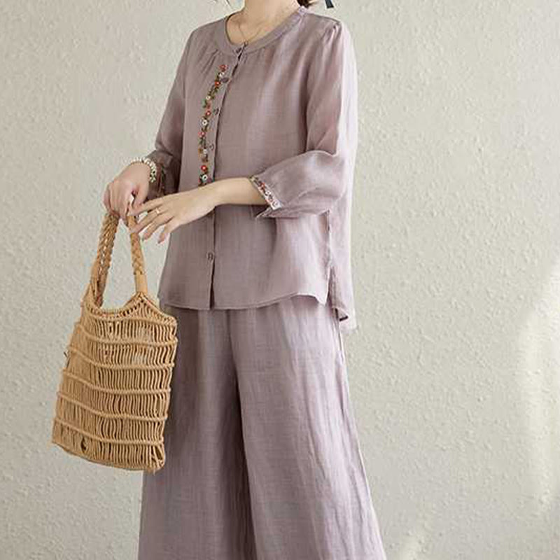 2Pcs Cotton Embroidery Flowers Shirt Top Pants Meditation Zen Tai Chi Clothing Women's Set