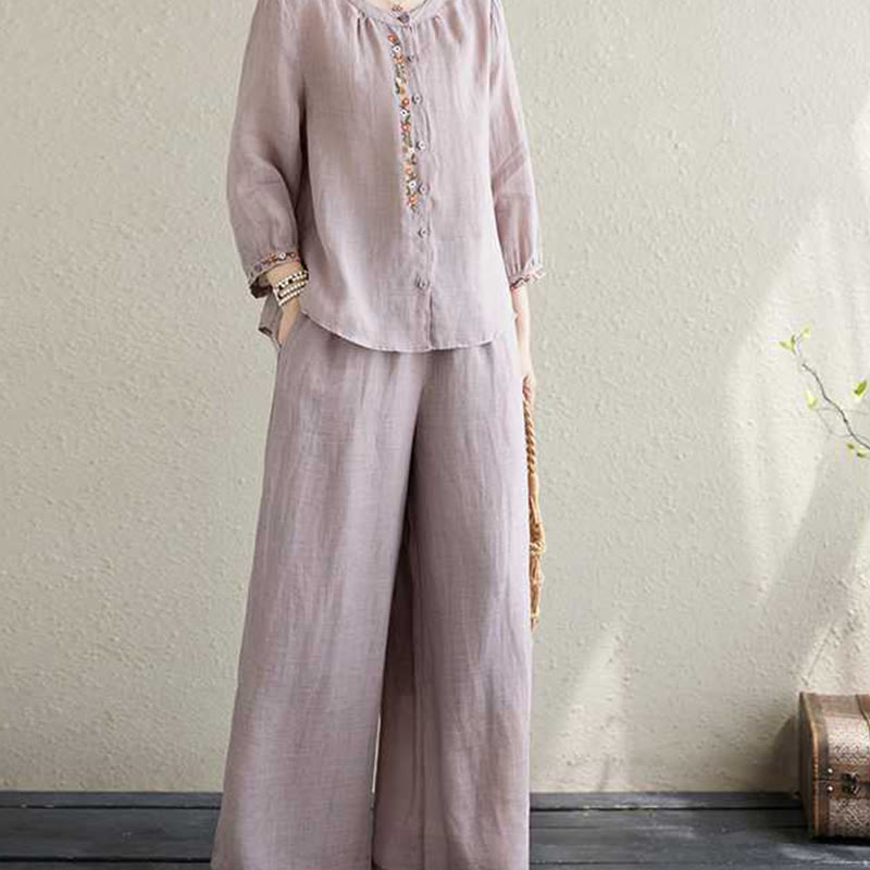 2Pcs Cotton Embroidery Flowers Shirt Top Pants Meditation Zen Tai Chi Clothing Women's Set