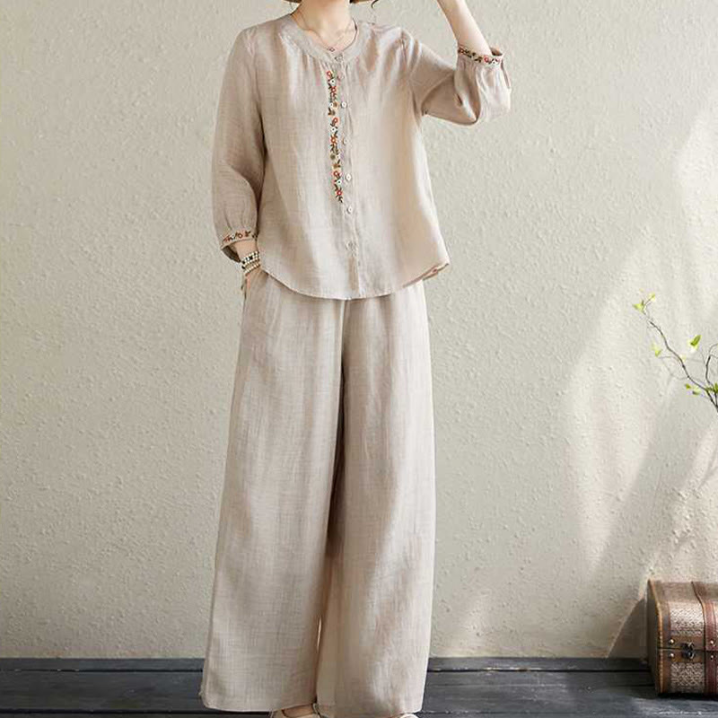 2Pcs Cotton Embroidery Flowers Shirt Top Pants Meditation Zen Tai Chi Clothing Women's Set