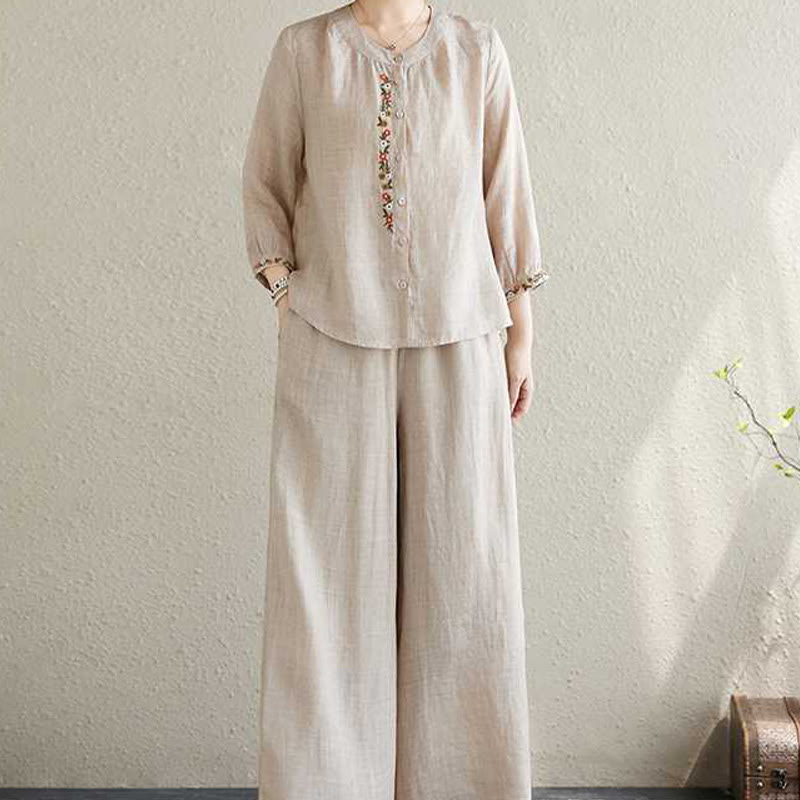 2Pcs Cotton Embroidery Flowers Shirt Top Pants Meditation Zen Tai Chi Clothing Women's Set