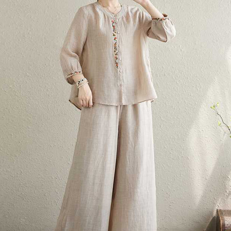 2Pcs Cotton Embroidery Flowers Shirt Top Pants Meditation Zen Tai Chi Clothing Women's Set