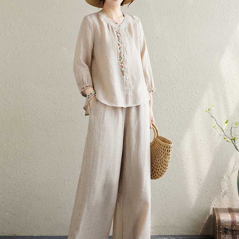 2Pcs Cotton Embroidery Flowers Shirt Top Pants Meditation Zen Tai Chi Clothing Women's Set