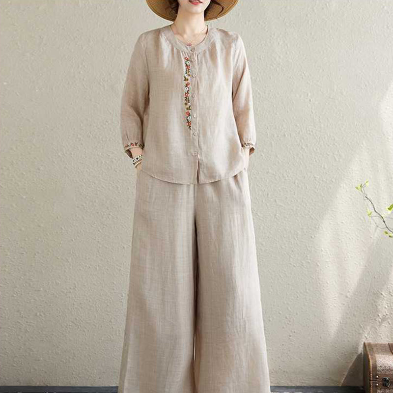 2Pcs Cotton Embroidery Flowers Shirt Top Pants Meditation Zen Tai Chi Clothing Women's Set
