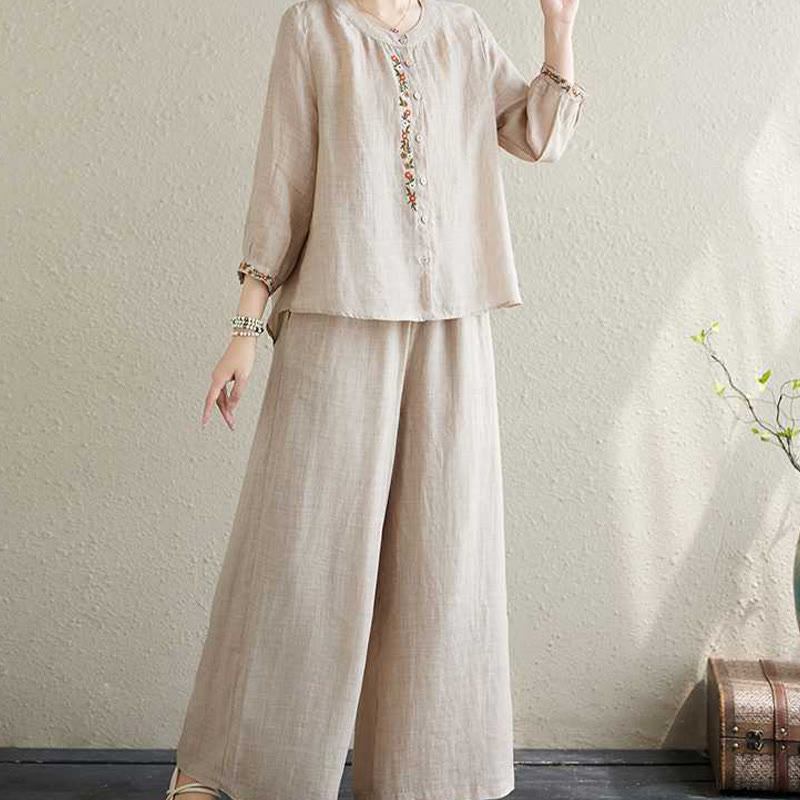 2Pcs Cotton Embroidery Flowers Shirt Top Pants Meditation Zen Tai Chi Clothing Women's Set