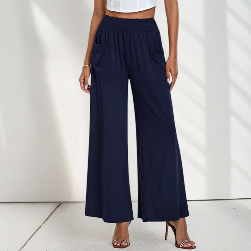 Casual High Waist Plain Loose Women's Polyester Wide Leg Pants With Pockets