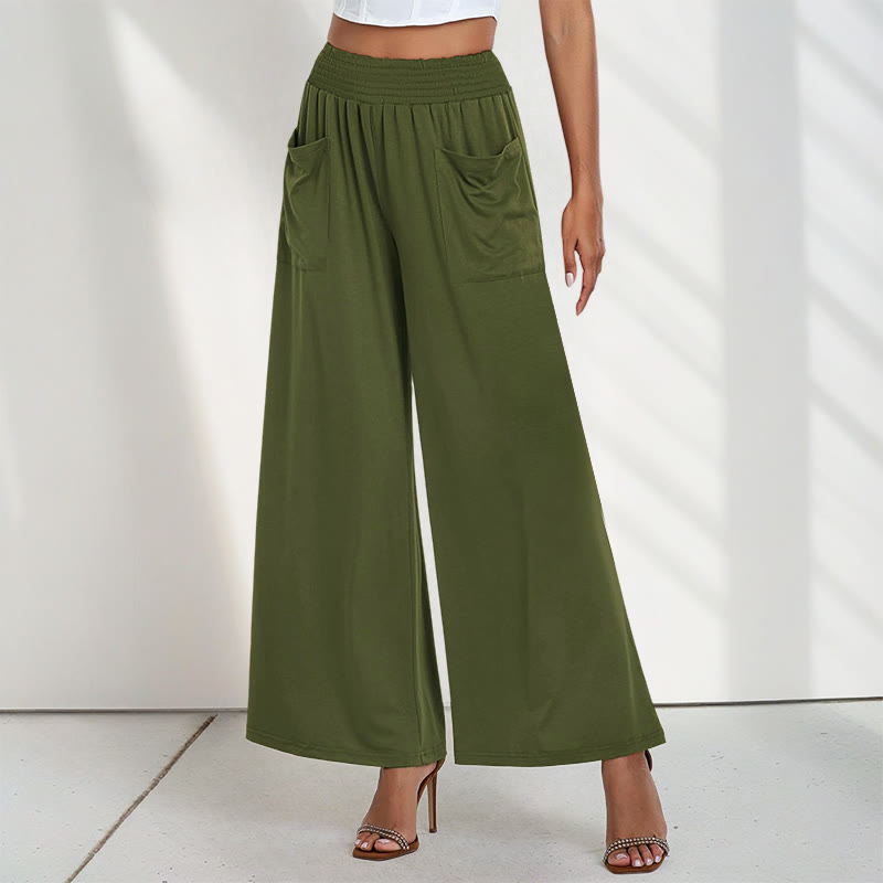 Casual High Waist Plain Loose Women's Polyester Wide Leg Pants With Pockets
