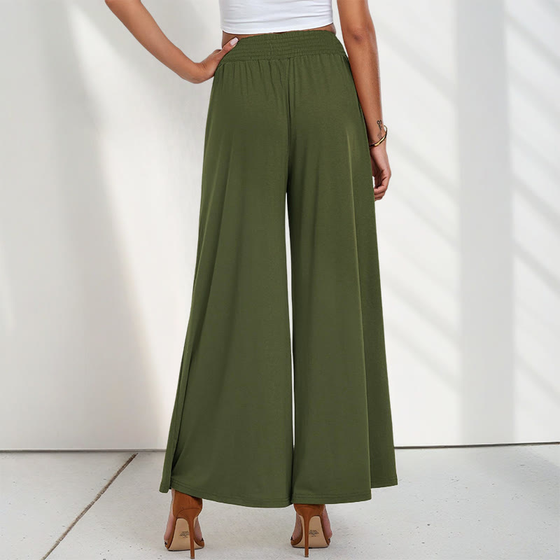 Casual High Waist Plain Loose Women's Polyester Wide Leg Pants With Pockets
