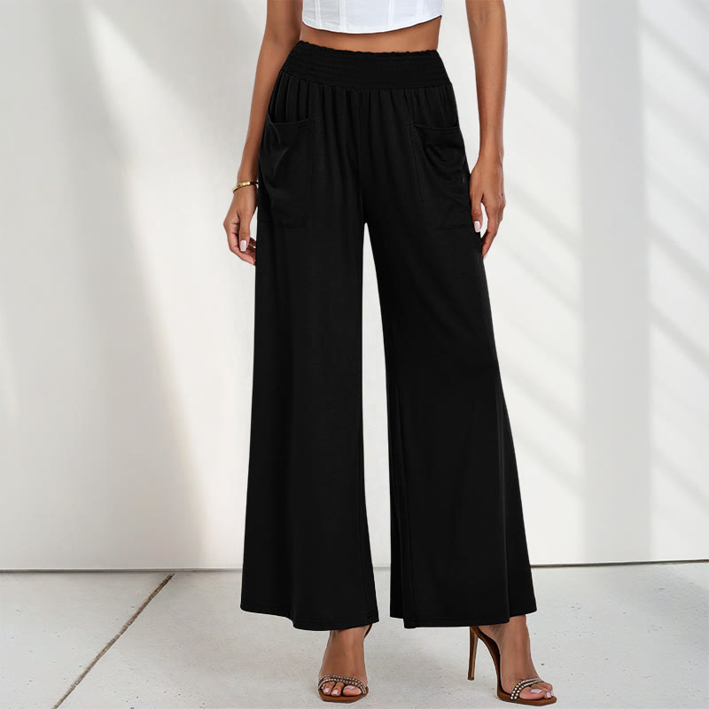 Casual High Waist Plain Loose Women's Polyester Wide Leg Pants With Pockets