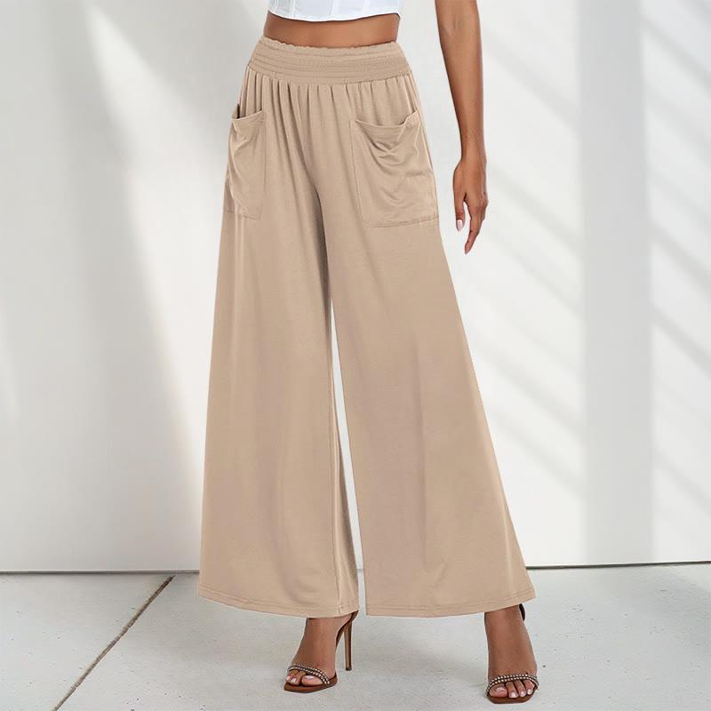 Casual High Waist Plain Loose Women's Polyester Wide Leg Pants With Pockets