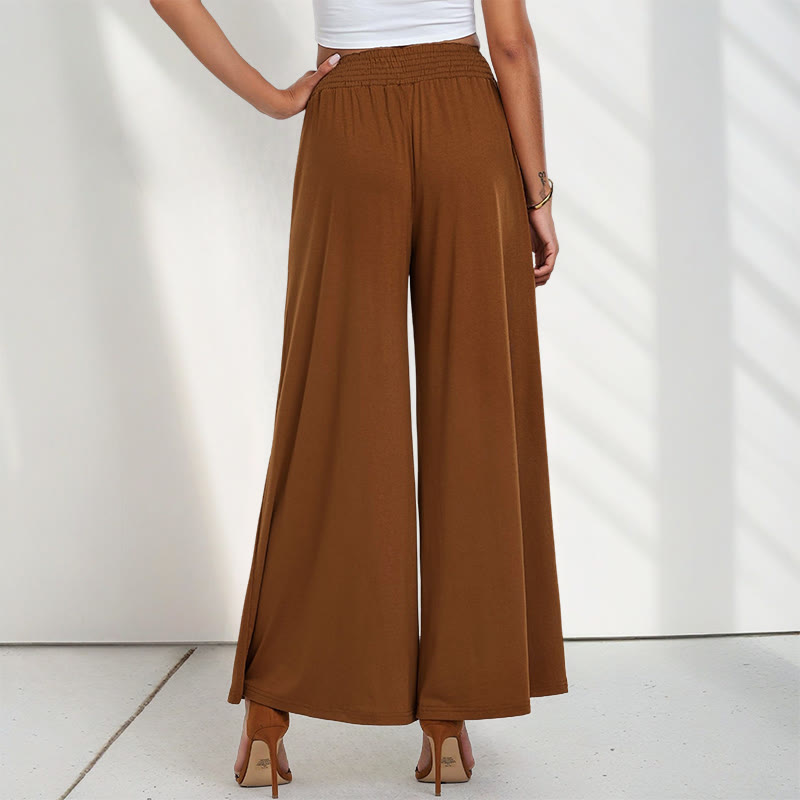 Casual High Waist Plain Loose Women's Polyester Wide Leg Pants With Pockets