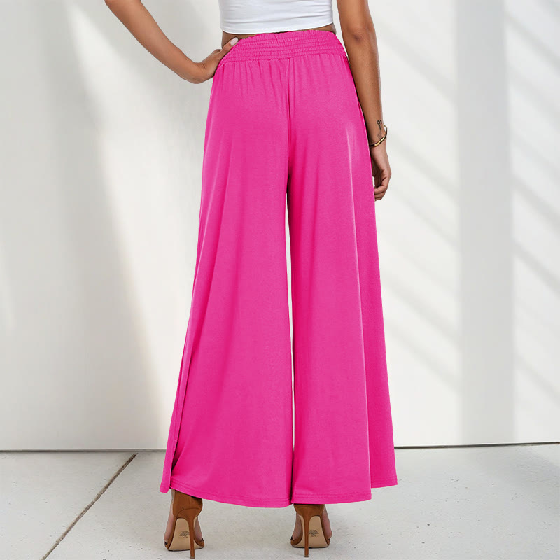 Casual High Waist Plain Loose Women's Polyester Wide Leg Pants With Pockets