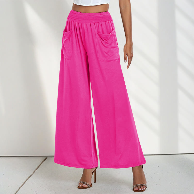 Casual High Waist Plain Loose Women's Polyester Wide Leg Pants With Pockets