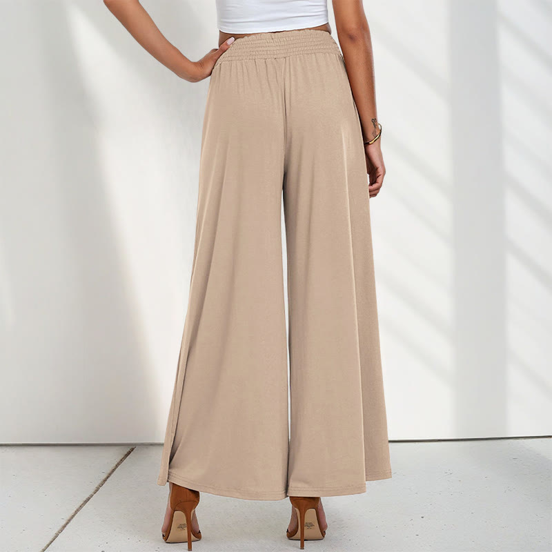 Casual High Waist Plain Loose Women's Polyester Wide Leg Pants With Pockets