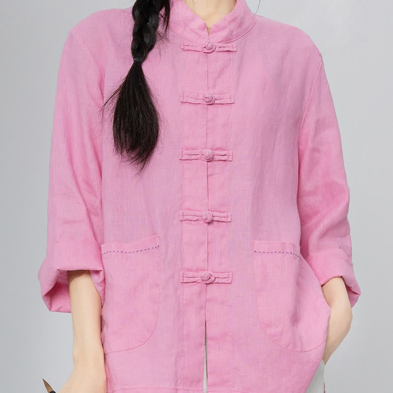Linen Stand-Collar Frog-Button Mindful Meditation Shirt