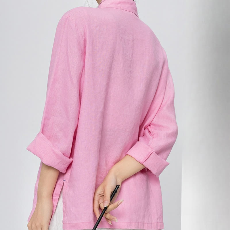Linen Stand-Collar Frog-Button Mindful Meditation Shirt