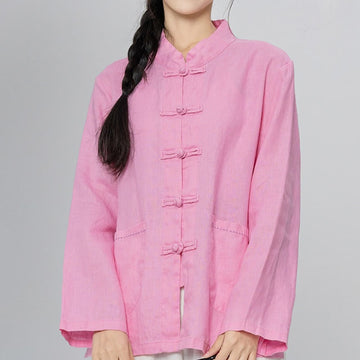Linen Stand-Collar Frog-Button Mindful Meditation Shirt