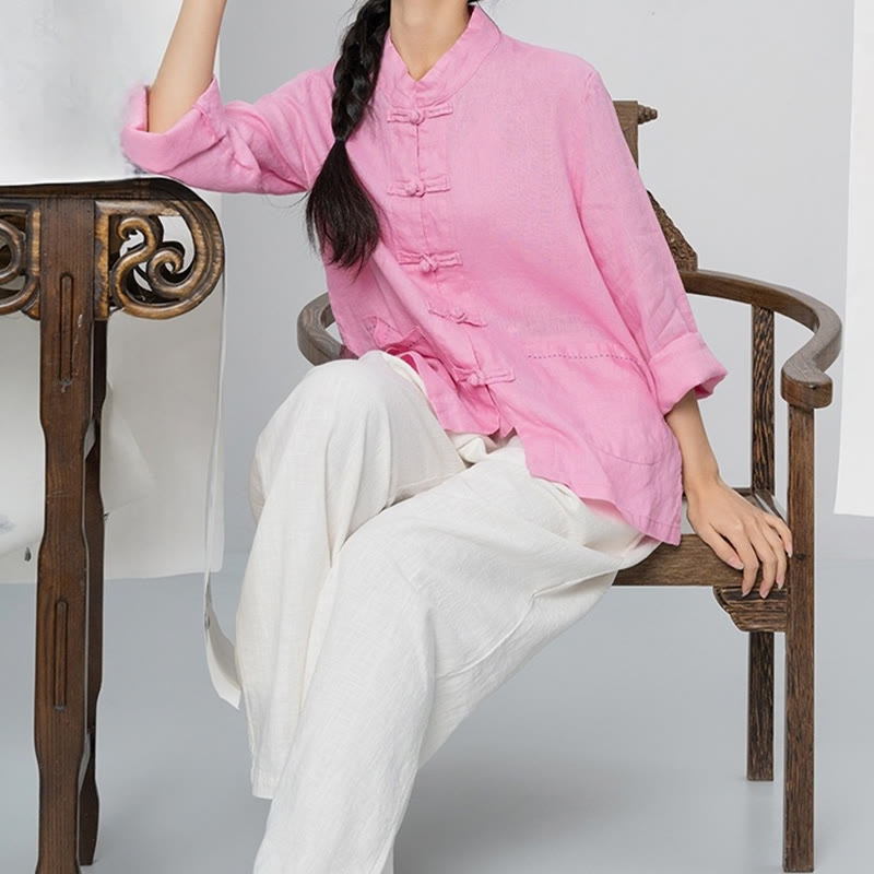 Linen Stand-Collar Frog-Button Mindful Meditation Shirt