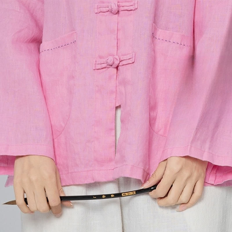 Linen Stand-Collar Frog-Button Mindful Meditation Shirt