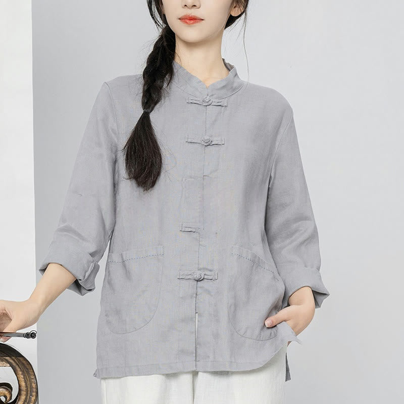 Linen Stand-Collar Frog-Button Mindful Meditation Shirt