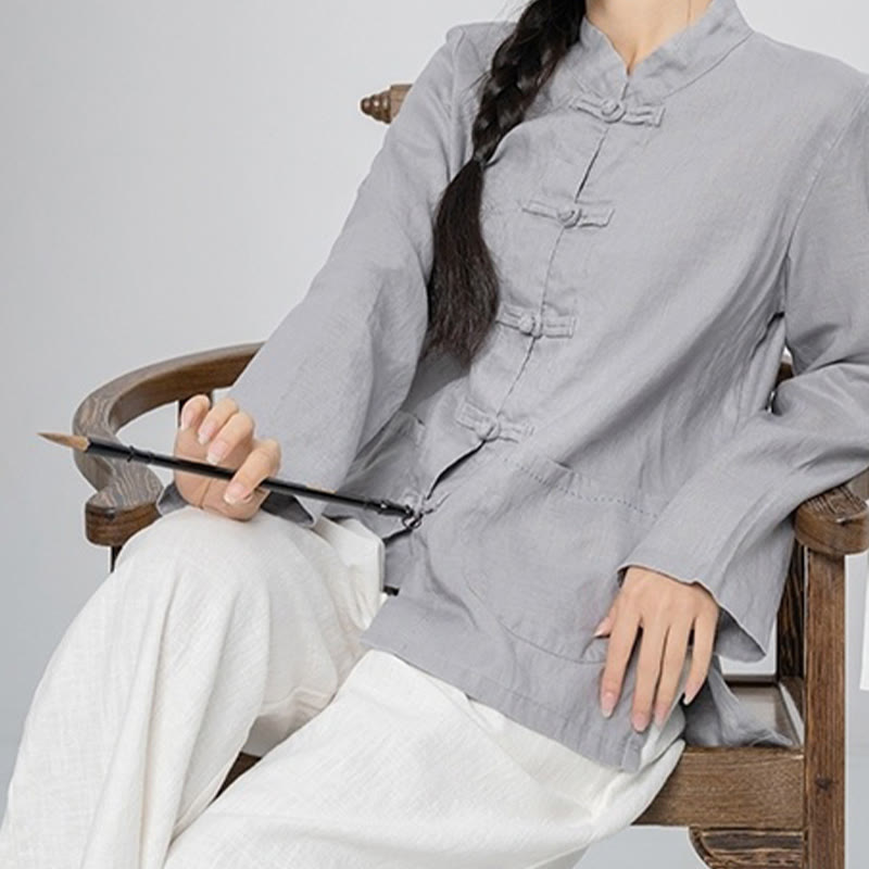 Linen Stand-Collar Frog-Button Mindful Meditation Shirt