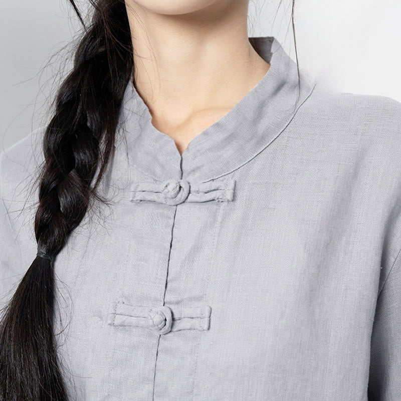 Linen Stand-Collar Frog-Button Mindful Meditation Shirt